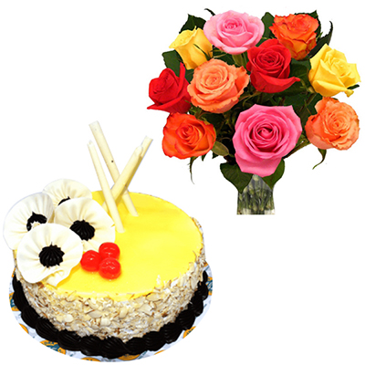 "Milk Almond Cake - 1kg , 12 Mixed Roses Flower Bunch - Click here to View more details about this Product